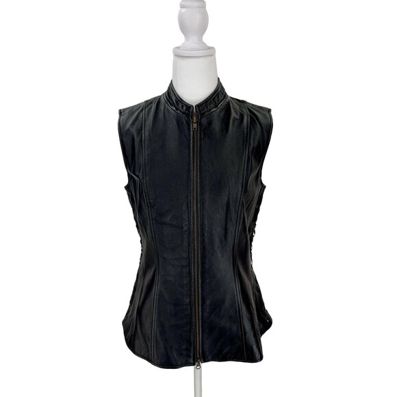 Newport News VTG Y2K NWT Leather Lace Up Moto Vest 8 Black Edgy Old Money - Picture 3 of 7